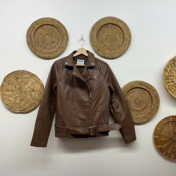 Old Navy Neutral Brown Belted Buckle Collared Faux Leather Moto Jacket Medium - Picture 1 of 6
